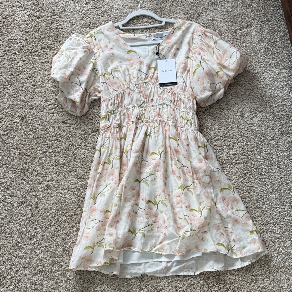 En Saison Cream Floral Dress with Puff Sleeves